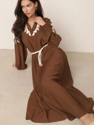 Brązowa Wiskozowa Sukienka Boho z Haftem i Sznurkowym Paskiem z Koralikami Eidippe Melya By Melody