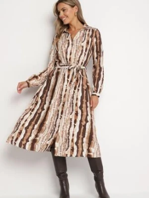 Brązowa Wiskozowa Sukienka Koszulowa Wiązana Paskiem Ellariah unigirl