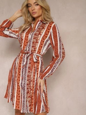 Brązowa Wiskozowa Sukienka Koszulowa z Paskiem w Talii Rozkloszowana Urdiasa cflo