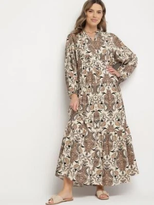Brązowa Wiskozowa Sukienka o Rozkloszowanym Kroju z Dekoltem w Serek Atelida m&d fashion