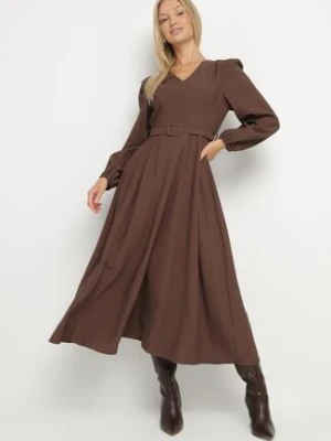Brązowa Wiskozowa Sukienka o Rozkloszowanym Kroju z Paskiem z Klamerką Arilesse unigirl