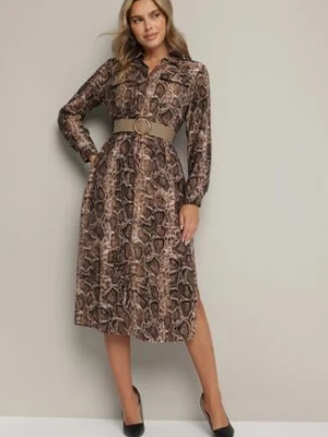 Brązowa Wiskozowa Sukienka w Wężowy Wzór o Koszulowym Kroju z Elastycznym Paskiem Rinnosia rosa
