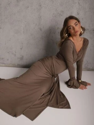 Brązowa Wiskozowa Sukienka Wieczorowa z Falbanami Koronką i Wiązanym Trenem Lenivna bisou's project