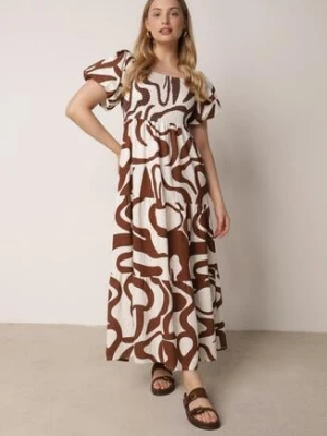 Brązowa Wiskozowa Sukienka z Bufiastymi Rękawami w Abstrakcyjny Wzór Tibee j&x