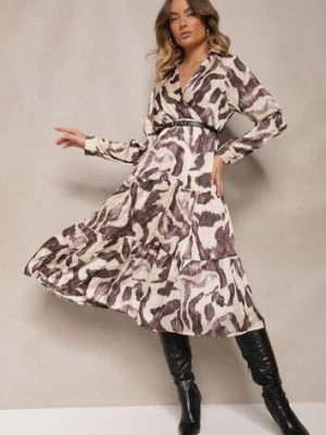 Brązowa Wzorzysta Sukienka o Kopertowym Kroju z Paskiem i Gumką w Talii Zinnerva rosa