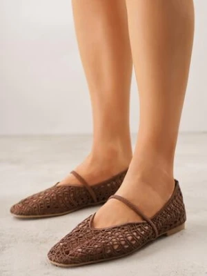 Brązowe Ażurowe Balerinki z Imitacji Plecionki z Paskiem Naeraea