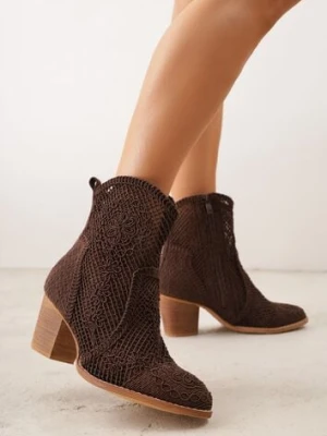 Brązowe Ażurowe Botki Kowbojki VICES na Stożkowym Obcasie Natesela