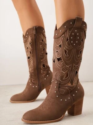 Brązowe Ażurowe Botki Kowbojki VICES na Stożku Zdobione Nitami Sennatea