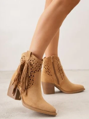 Brązowe Ażurowe Botki Typu Kowbojki na Stożku Ozdobione Frędzlami Pentora