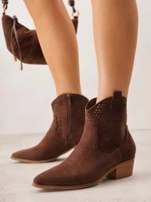 Brązowe Ażurowe Botki Vices w Stylu Kowbojek na Obcasie Norfedi