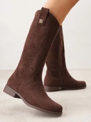 Brązowe Ażurowe Botki Kowbojki z Geometryczną Ozdobą Naeraste