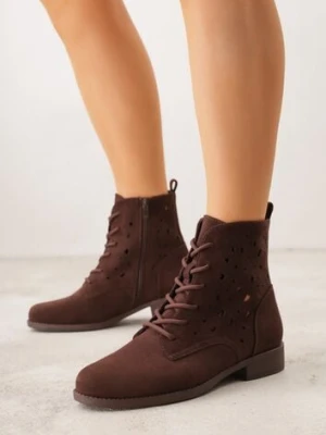Brązowe Ażurowe Botki ze Sznurowaną Cholewką Sephylia gogo gogo
