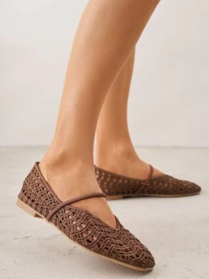 Brązowe Balerinki Mary Jane z Ażurową Cholewką Imitującą Plecionkę Timina