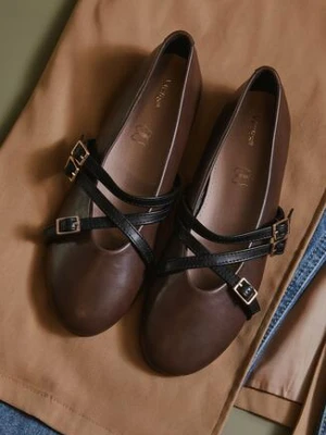 Brązowe Balerinki Vices w Stylu Mary Jane ze Skórzaną Wkładką Nalievre