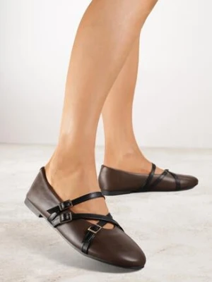 Brązowe Balerinki Vices w Stylu Mary Jane ze Skórzaną Wkładką Nalievre