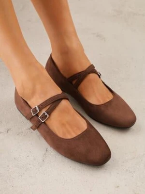 Brązowe Balerinki VICES z Imitacji Zamszu z Podwójnym Paskiem z Klamerką Nattosia