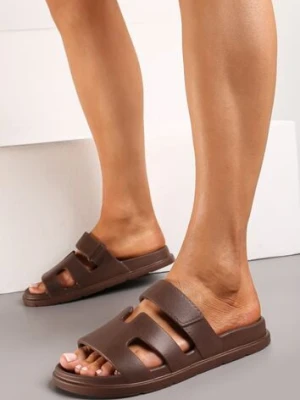 Brązowe Basenowe Klapki Piankowe z Wycięciami na Pasku Wrenlita