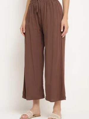 Brązowe Bawełniane Spodnie z Szerokimi Nogawkami Palazzo z Gumką w Pasie Nesira defox