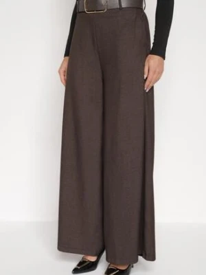 Brązowe Bawełniane Szerokie Spodnie Garniturowe z Wysokim Stanem i Paskiem Tusamia