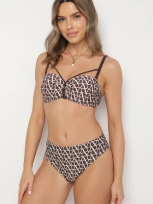 Brązowe Bikini Biustonosz z Ozdobnymi Paskami i Majtki Figi Linadora