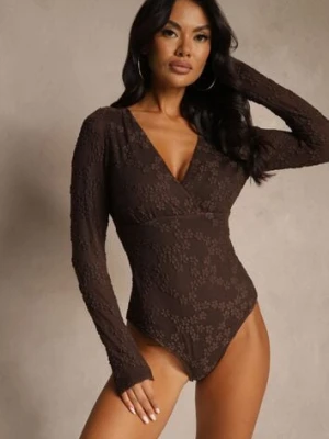 Brązowe Body Longsleeve z Kopertowym Dekoltem w Kwiatowy Print Zenneva bisou's project