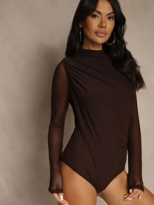 Brązowe Body Longsleeve ze Stójką z Siateczki z Domieszką Wiskozy Liravia