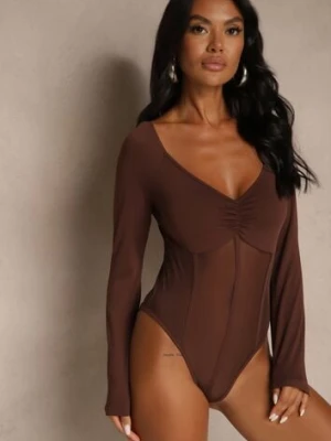 Brązowe Body Vices o Fasonie Longsleeve z Dekoltem w Kształcie V Asstre