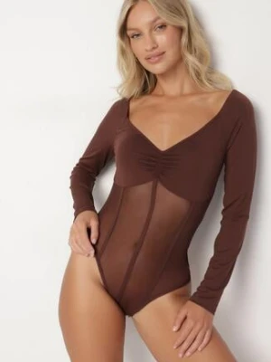 Brązowe Body Vices z Długim Rękawem i Dekoltem w Serek Aleriie