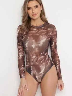 Brązowe Body w Marmurkowy Wzór z Długimi Rękawami Talinse by swan