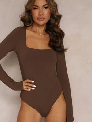 Brązowe Body z Kwadratowym Dekoltem i Długim Rękawem Gazzla by swan