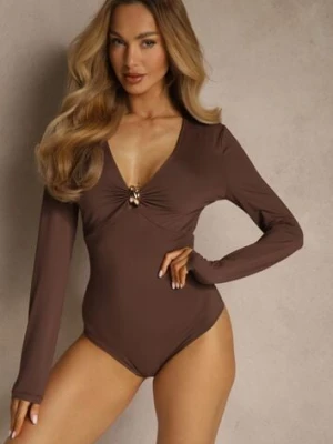 Brązowe Body z Marszczeniem i Metaliczną Ozdobą Feriana