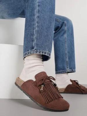 Brązowe Boho Klapki Mule z Imitacji Zamszu z Frędzlami i Koralikami Elwedila bestelle