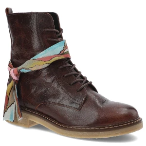 Botki damskie Artiker, skóra naturalna licowa ze sznurowaniem i zapinaniem na suwak z ozdobną apaszką, brązowe, 49C0737