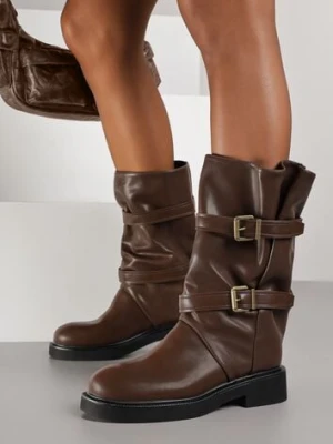 Brązowe Botki Biker Boots z Marszczoną Cholewką i Paskami ze Sprzączkami Sinesa joalice paris