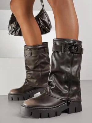 Brązowe Botki Biker z Wywiniętą Cholewką i Paskiem z Klamerką Versana ballada