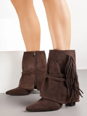 Ciemnobrązowe Botki Boho z Cholewką Imitującą Nogawkę i Frędzlami Zaslie ideal
