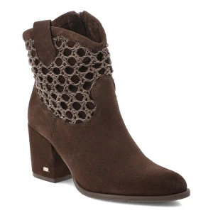 Botki damskie Karino, boho na obcasie zamszowe z noskiem w szpic za kostkę i na zamek, mokka, 5868-015