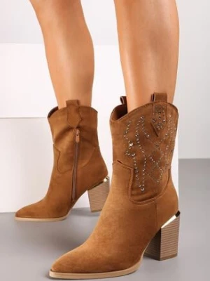 Brązowe Botki Kowbojki na Obcasie Ozdobione Cyrkoniami Irinalie