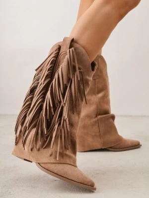 Brązowe Botki Kowbojki na Słupku Ozdobione Frędzlami i Wywiniętą Cholewką Aedime