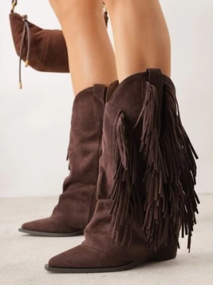 Brązowe Botki Kowbojki na Słupku Ozdobione Frędzlami i Wywiniętą Cholewką Aedime marquiiz
