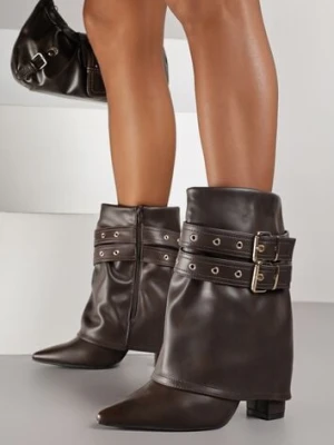 Brązowe Botki Kowbojki na Słupku Ozdobione Klamrami i Wywiniętą Cholewką Codvire ideal