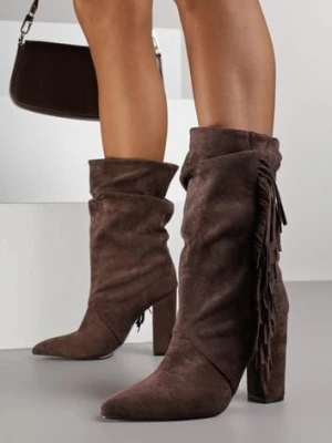 Brązowe Botki Kowbojki na Słupku z Frędzlami Reisetia joalice paris