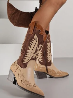 Brązowe Botki Kowbojki na Stożku z Tłoczoną Cholewką Badilora ideal