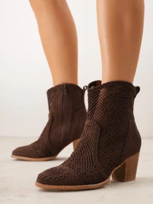 Brązowe Botki Kowbojki VICES na Stożku z Ażurową Cholewką Azivessa