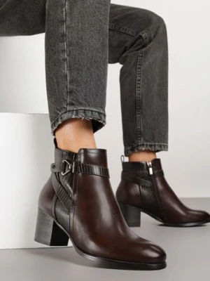 Brązowe Botki na Słupkowym Obcasie z Eleganckim Zdobieniem przy Cholewce Tulaneira potocki