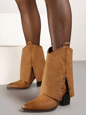 Brązowe Botki na Stożkowym Słupku Kowbojki z Wywiniętą Cholewką Mavora