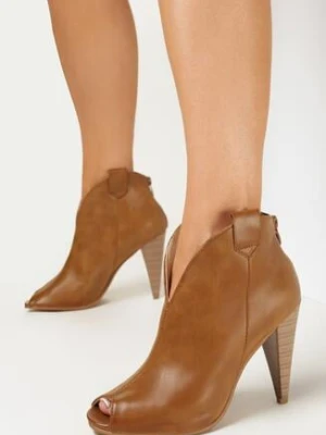 Brązowe Botki Peep Toe na Stożku Zaorvan