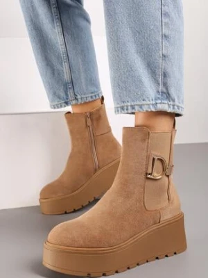 Brązowe Botki Sztyblety na Grubej Podeszwie z Metaliczną Aplikacją Vlisandra