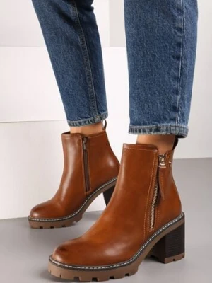 Brązowe Botki na Obcasie z Ozdobnym Zamkiem Błyskawicznym Leriene