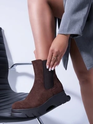 Brązowe Botki Sztyblety na Platformie z Elastyczną Cholewką Mavita